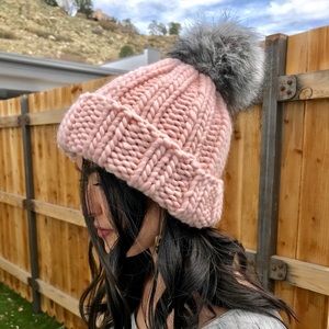 Handmade Chunky Knit Wool Beanie & Faux Fur Pompom